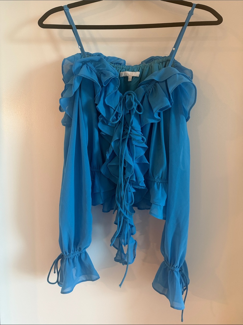 MORE TO COME- Ruffled Tie-Front Blue Off-Shoulder Tunic Top